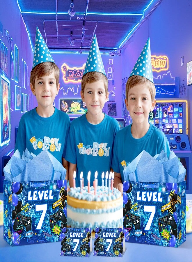 LUUFILx Video Game 7th Birthday Gift Bags Blue Gamer 7th Birthday Gift Wrapping Bag Swith Handle Gaming Level Up 7 Goody Bag with Tissue Paper and Greeting Card for Boys Girls 7 Years Old Party Decor ﻿ - Image 4