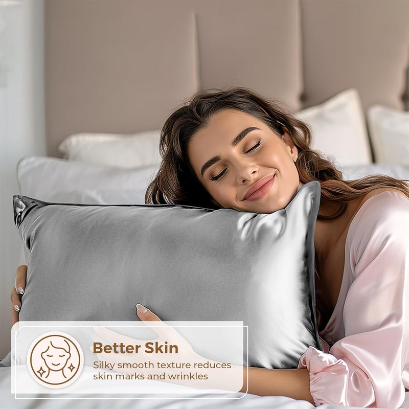 Pure Bedding Satin Pillowcase - Silky Pillow Cases for Hair and Skin - Satin Pillow Covers with Envelope Closure - Extra Soft Premium Microfiber - Pack of 2 - Queen Size (20"x30", Silver) - Image 2