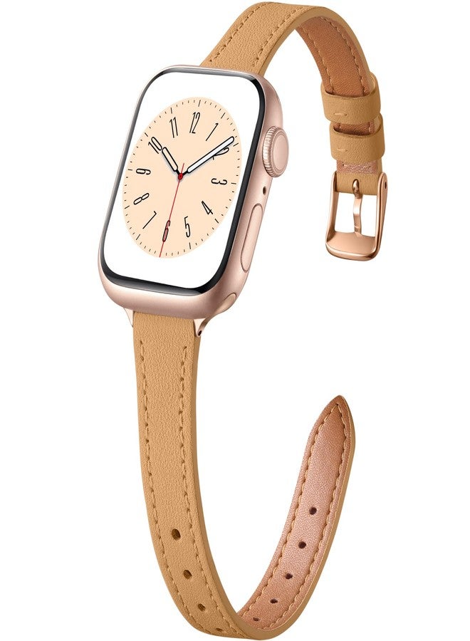 Charlam Slim Leather Band Compatible with Apple Watch Band 40mm 38mm 41mm 42mm 44mm 45mm 46mm Women,Top Grain Genuine Leather Strap Thin Wristband for iWatch Series 11 10 9 8 7 6 5 4 3 2 1 SE 3,Camel - Image 1
