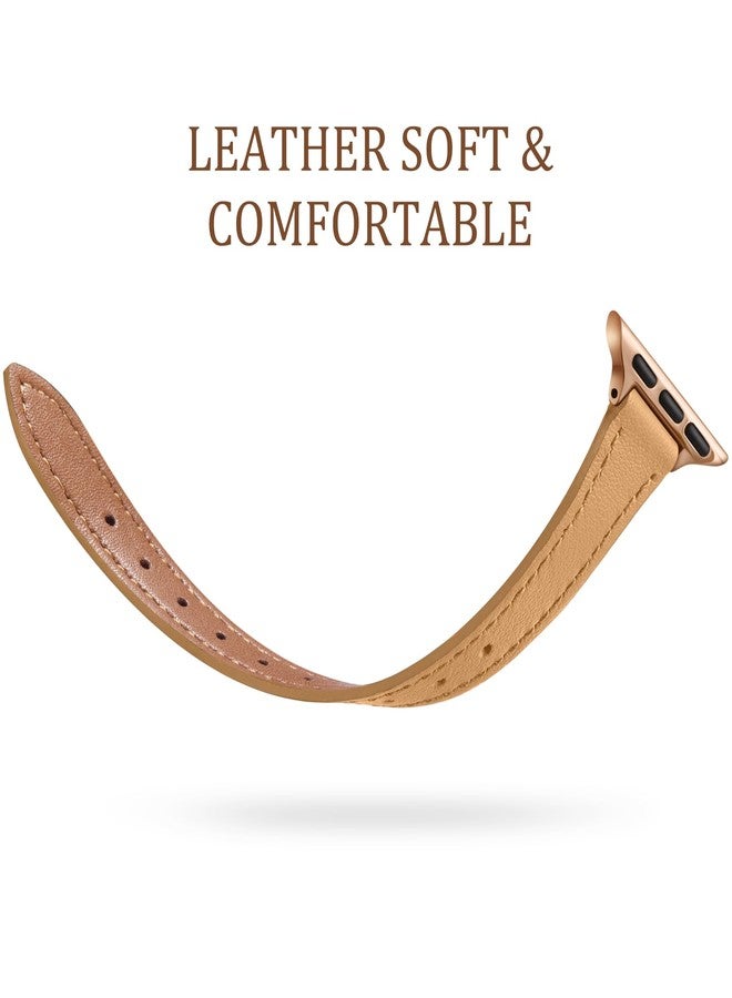 Charlam Slim Leather Band Compatible with Apple Watch Band 40mm 38mm 41mm 42mm 44mm 45mm 46mm Women,Top Grain Genuine Leather Strap Thin Wristband for iWatch Series 11 10 9 8 7 6 5 4 3 2 1 SE 3,Camel - Image 3