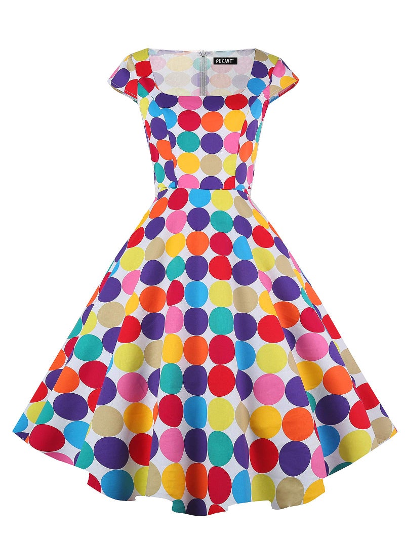 PUKAVT Women's Cocktail Party Dress Cap Sleeve 1950 Retro Swing Dress with Pockets Colorful Dot L - Image 1