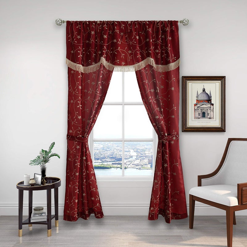 Floral Sheer Curtain Panel Set with Attached Valance Botanical Embroidery Taffeta 2 Panels1 Valance with Tassel and 2 Tiebacks for Bedroom Living Room Rod Pocket 27952 Red