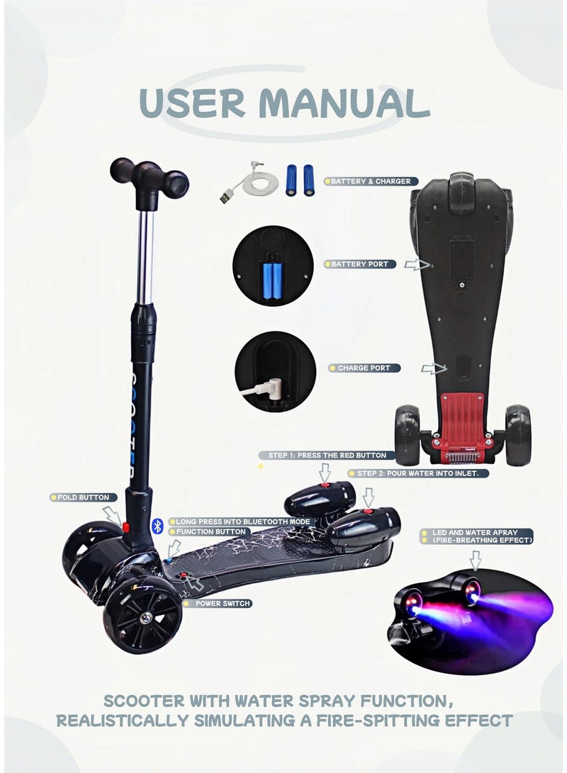 For Boys and Girls, Foldable & Safe Ride 3 Wheel Kick Scooter with LED Light-Up Wheels, Bluetooth Music, Water Spray Smoke Effect, Lean to Steer, for Kids Ages 3–14 - Image 3