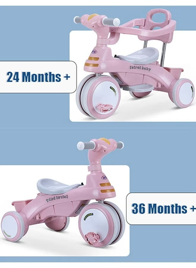WALALLA 4-in-1 Baby Tricycle - Adjustable Convertible Trike with Canopy & Parent Push Handle | LED Lights, Storage Basket & Safety Harness | Ages 1-6 Years (Pink) - Image 4