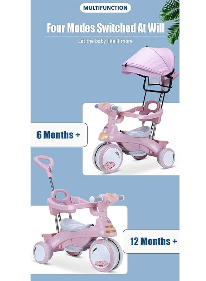 WALALLA 4-in-1 Baby Tricycle - Adjustable Convertible Trike with Canopy & Parent Push Handle | LED Lights, Storage Basket & Safety Harness | Ages 1-6 Years (Pink) - Image 3