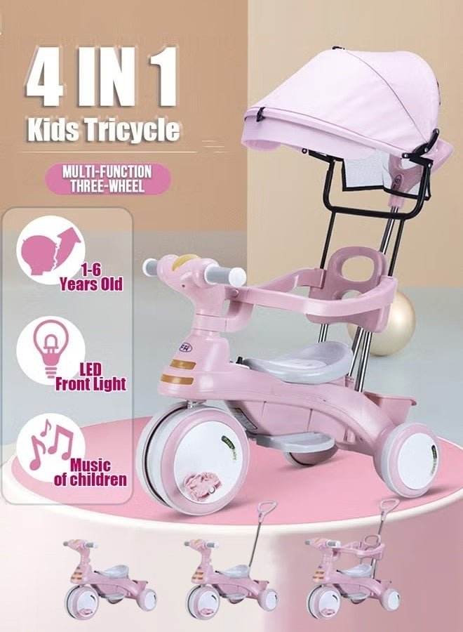 WALALLA 4-in-1 Baby Tricycle - Adjustable Convertible Trike with Canopy & Parent Push Handle | LED Lights, Storage Basket & Safety Harness | Ages 1-6 Years (Pink) - Image 1