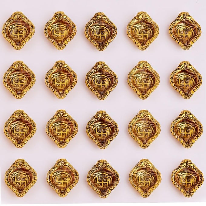 INDIANSHELF 20 PIECES SWASTIK AARTI DIYAS FOR PUJA ALUMINIUM GOLD FINISH OIL LAMP DIWALI GIFTS ITEM DIVA FOR HOME DECORATION