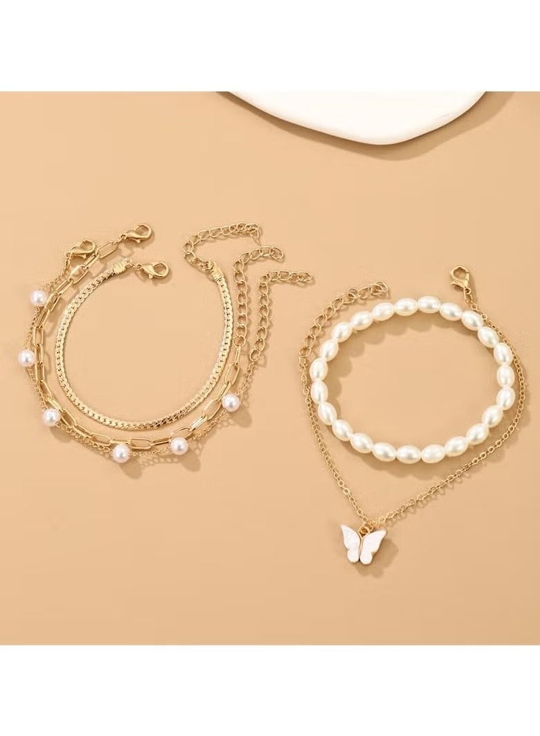 5-Piece Gold Plated Bracelet Set for Women, Adjustable Pearl & Chain Jewelry, Hypoallergenic Layered Bracelets  - Image 2