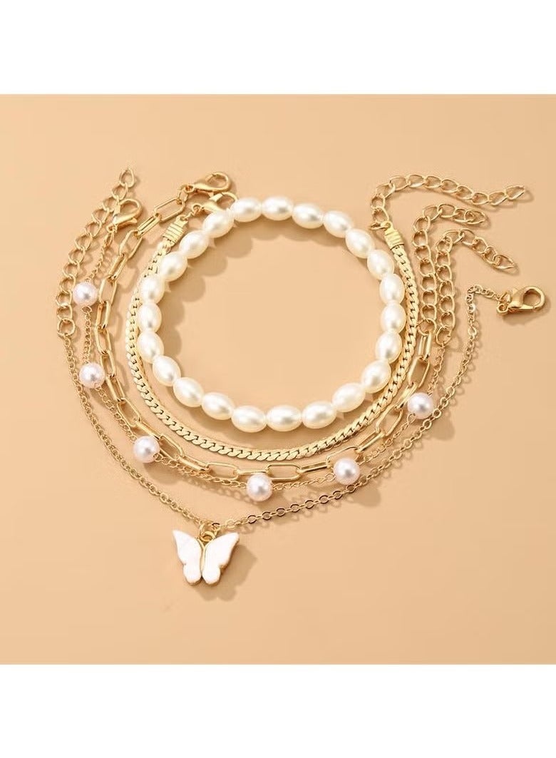 5-Piece Gold Plated Bracelet Set for Women, Adjustable Pearl & Chain Jewelry, Hypoallergenic Layered Bracelets  - Image 3