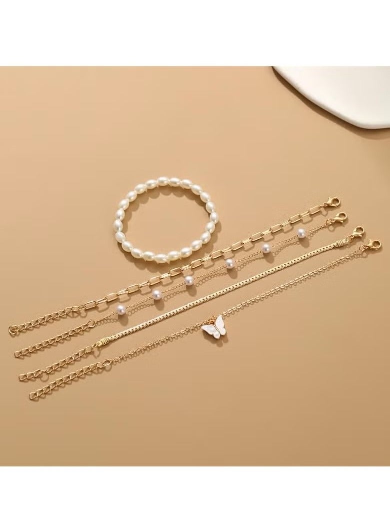 5-Piece Gold Plated Bracelet Set for Women, Adjustable Pearl & Chain Jewelry, Hypoallergenic Layered Bracelets  - Image 4