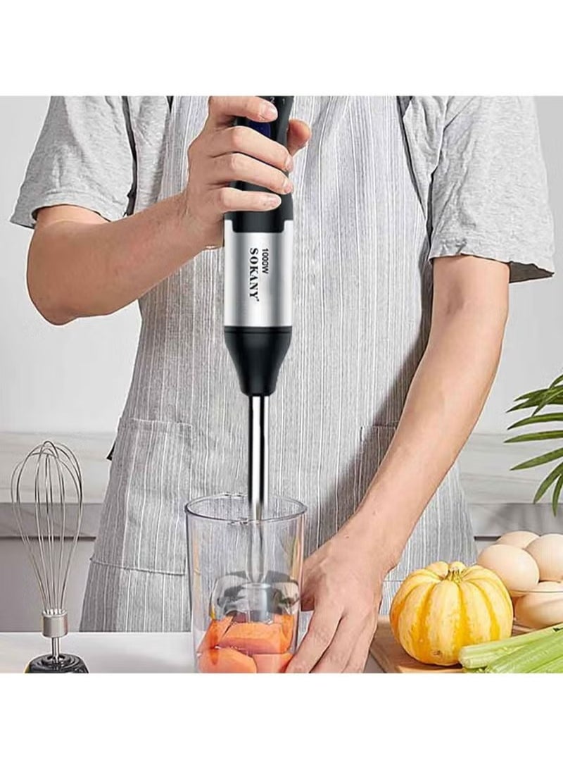 sokany - 4 in 1 Hand Powerful Blender with 5 Speed Mode, 1000W Adjustable Multi-Purpose Stainless Steel Blades, Ergonomic handle with Chopper, Whisk, 700ml Mixing Beaker, Detachable Electric Stick Blender Set (Black) - Image 1