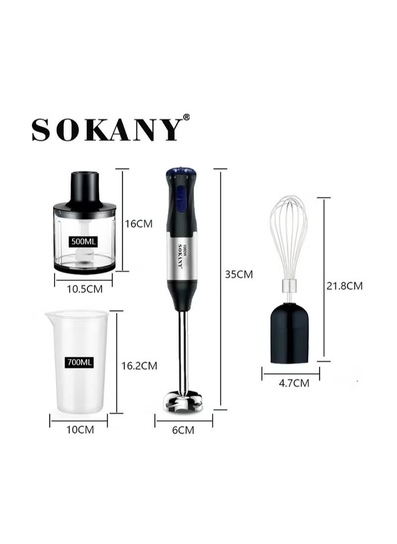 sokany 4 in 1 Hand Powerful Blender with 5 Speed Mode, 1000W Adjustable Multi-Purpose Stainless Steel Blades, Ergonomic handle with Chopper, Whisk, 700ml Mixing Beaker, Detachable Electric Stick Blender Set (Black)  - Image 2