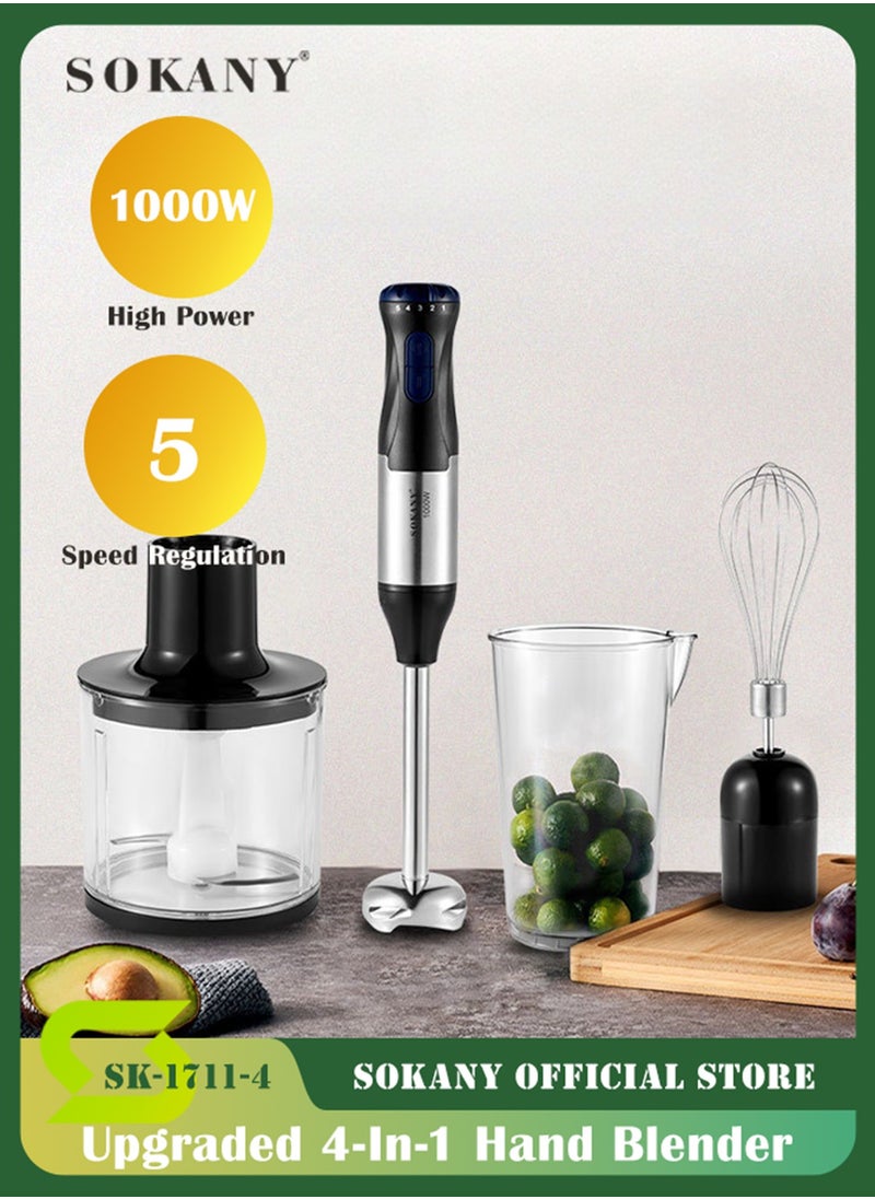 sokany 4 in 1 Hand Powerful Blender with 5 Speed Mode, 1000W Adjustable Multi-Purpose Stainless Steel Blades, Ergonomic handle with Chopper, Whisk, 700ml Mixing Beaker, Detachable Electric Stick Blender Set (Black)  - Image 1