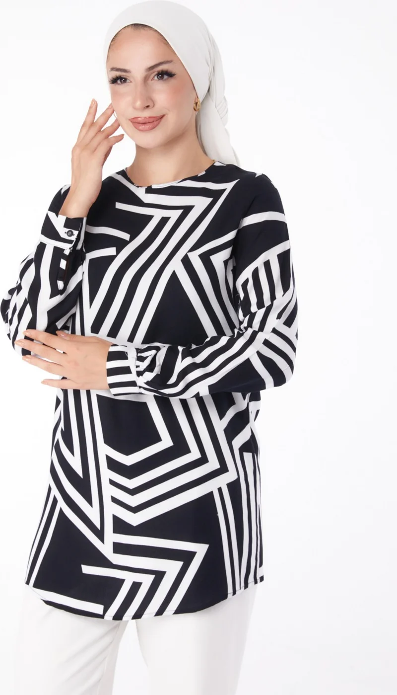 Tofisa Plain Crew Neck Women's Black Patterned Tunic - 13278