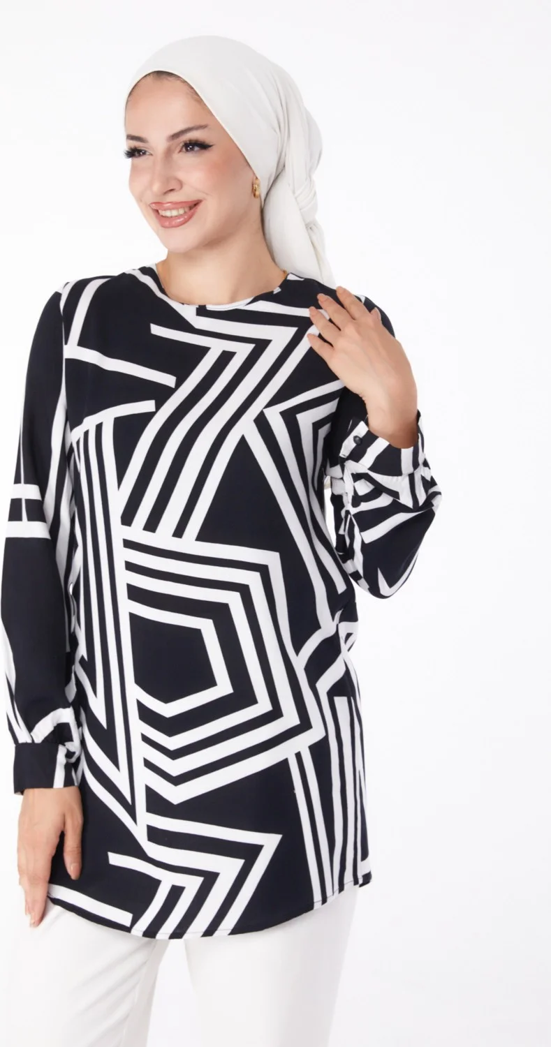 Tofisa Plain Crew Neck Women's Black Patterned Tunic - 13278