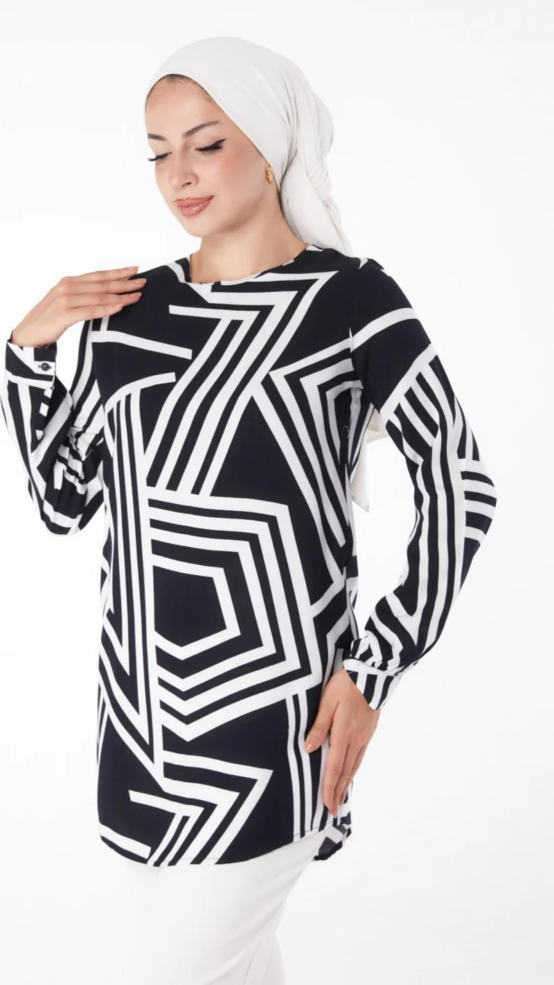 Tofisa Plain Crew Neck Women's Black Patterned Tunic - 13278