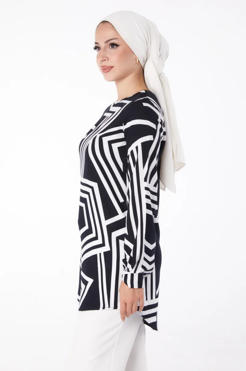 Tofisa Plain Crew Neck Women's Black Patterned Tunic - 13278