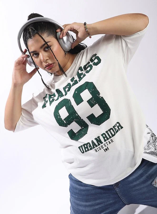 هاي ستار تيشيرت نسائي أوف وايت قطن 1% مطبوع مقاس كبير أوفر سايز