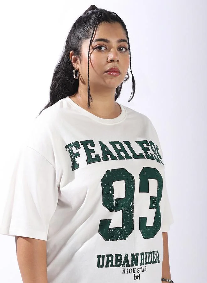 هاي ستار تيشيرت نسائي أوف وايت قطن 1% مطبوع مقاس كبير أوفر سايز