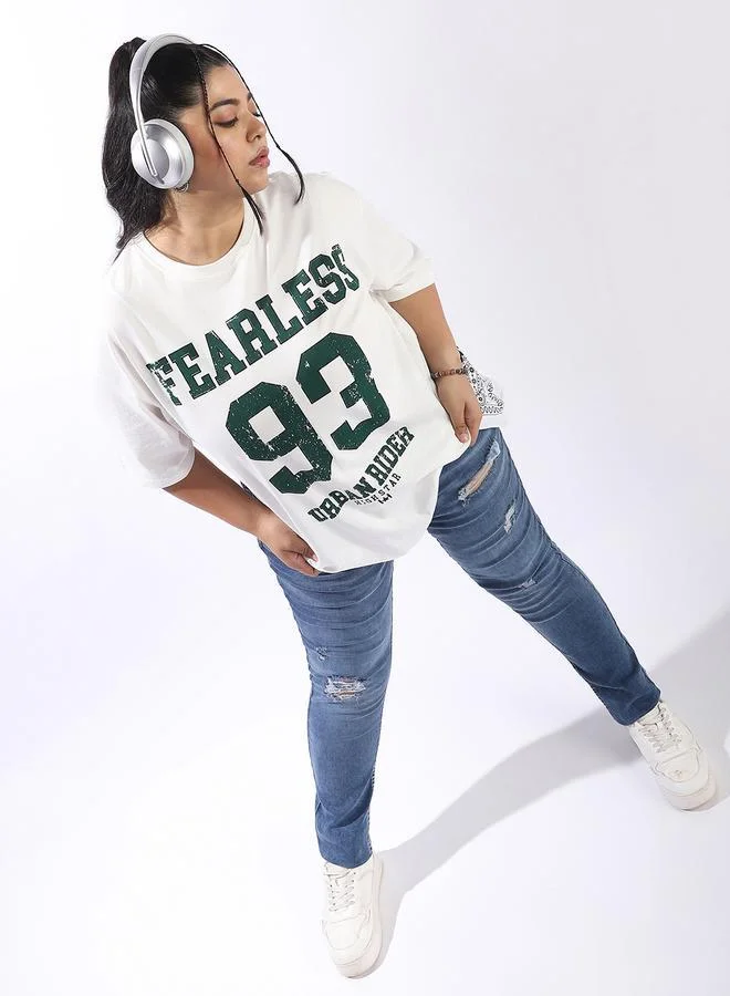 هاي ستار تيشيرت نسائي أوف وايت قطن 1% مطبوع مقاس كبير أوفر سايز