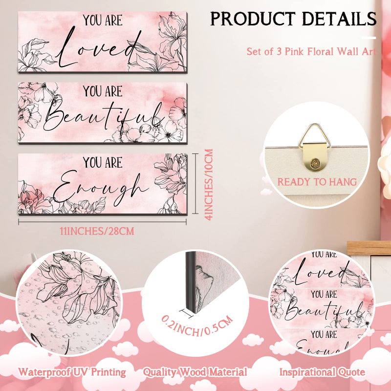 Yookeer 3 Pcs Floral Wooden Hanging Wall Art Inspirational Quotes You Are Beautiful Room Flower Cherry Blossom Decor for Thank You Birthday Women Gift Teacher Assistant(4 x 11 Inch,Pink) - Image 2