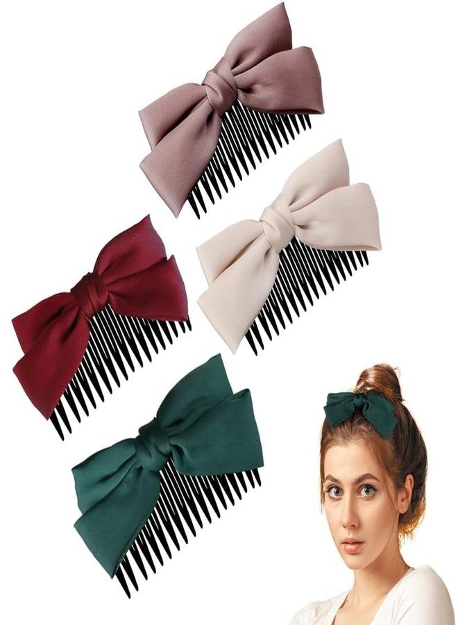 BELICIA Ribbon Bow Hair Clips for Girls & Women - 4 Pcs Stylish Side Pin Hair Combs, Elegant Bow Hair Accessories for Casual & Party Use - Image 1