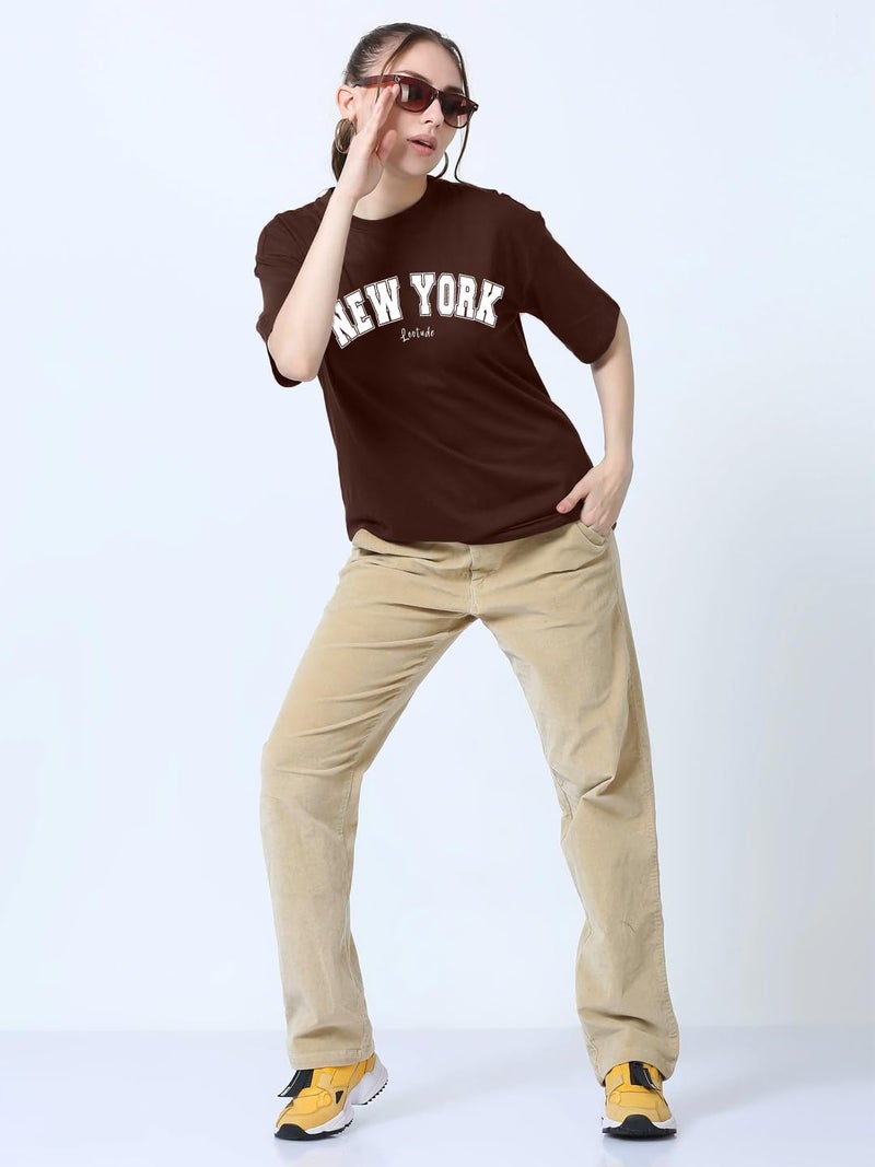LEOTUDE Womens Half Sleeve Oversized Round Neck Cottonblend T-Shirts Top for Woman (GRL_FS49_Brown_Newyork_P_Brown_2XL) - Image 5
