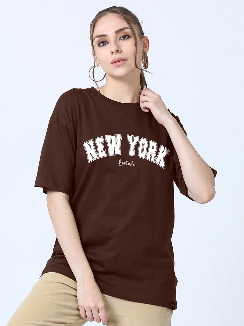 LEOTUDE Womens Half Sleeve Oversized Round Neck Cottonblend T-Shirts Top for Woman (GRL_FS49_Brown_Newyork_P_Brown_2XL) - Image 3
