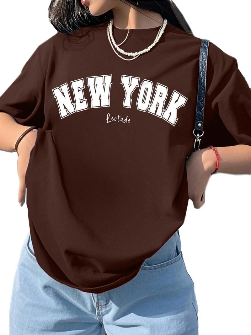 LEOTUDE Womens Half Sleeve Oversized Round Neck Cottonblend T-Shirts Top for Woman (GRL_FS49_Brown_Newyork_P_Brown_2XL) - Image 1