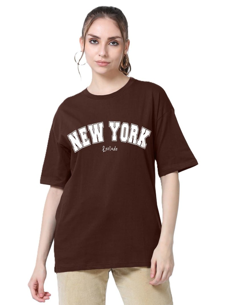 LEOTUDE Womens Half Sleeve Oversized Round Neck Cottonblend T-Shirts Top for Woman (GRL_FS49_Brown_Newyork_P_Brown_2XL) - Image 2