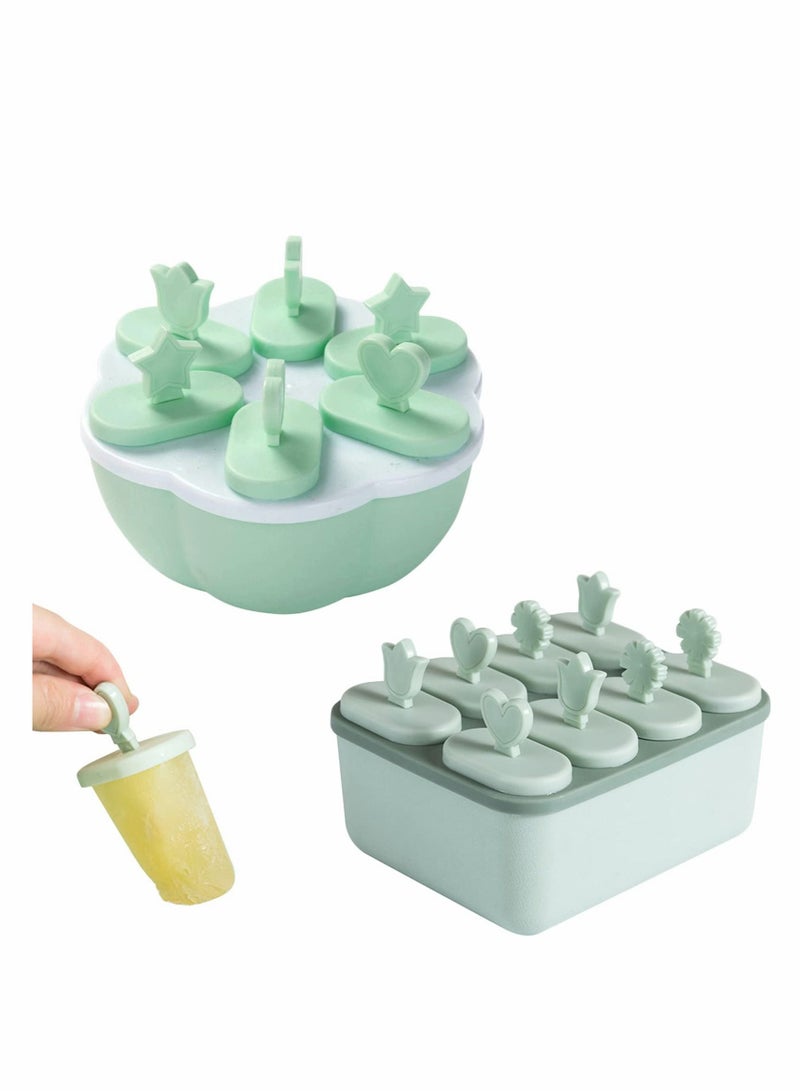 Excefore Ice Lolly Moulds, Green Cream Mould, One Round and Square with Lid, Food Grade Pop Maker for Kids Adults to DIY ( 2 Pcs ) - Image 1