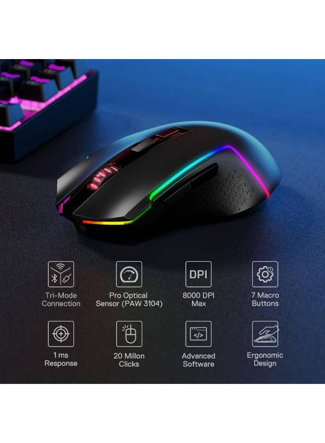 M693 Wireless Gaming Mouse, 8000 DPI Wired/Wireless Gamer Mouse with 3 Mode Connection, Bluetooth & 2.4G Wireless, 7 Macro Buttons, Long Lasting Battery Capacity and RGB for PC/Mac/Laptop