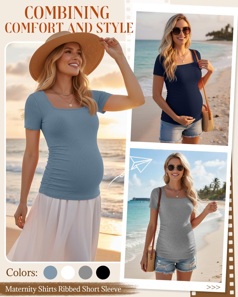 Huukeay 4 Pack Women's Maternity Shirts Cotton Ribbed Short Sleeve Square Neck Pregnancy Tops Side Ruched Summer Tee(Navy Blue, Heather Gray, White, Haze Blue,Medium) - Image 3