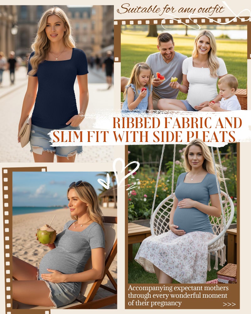 Huukeay 4 Pack Women's Maternity Shirts Cotton Ribbed Short Sleeve Square Neck Pregnancy Tops Side Ruched Summer Tee(Navy Blue, Heather Gray, White, Haze Blue,Medium) - Image 2