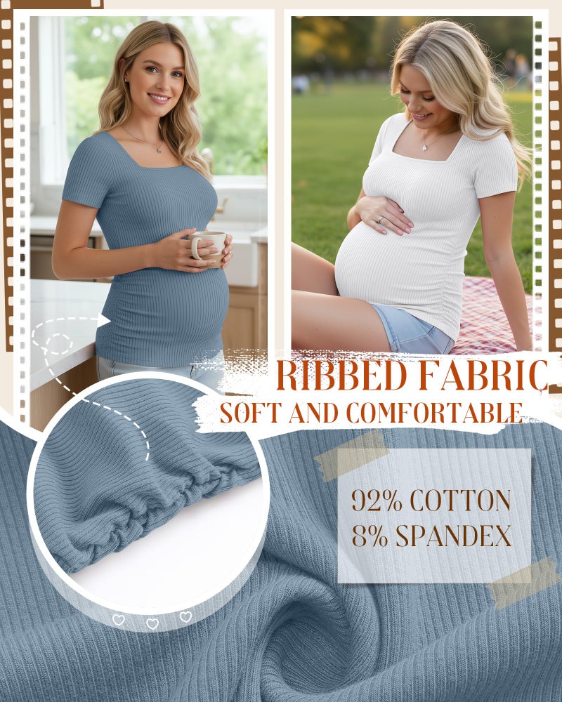 Huukeay 4 Pack Women's Maternity Shirts Cotton Ribbed Short Sleeve Square Neck Pregnancy Tops Side Ruched Summer Tee(Navy Blue, Heather Gray, White, Haze Blue,Medium) - Image 5