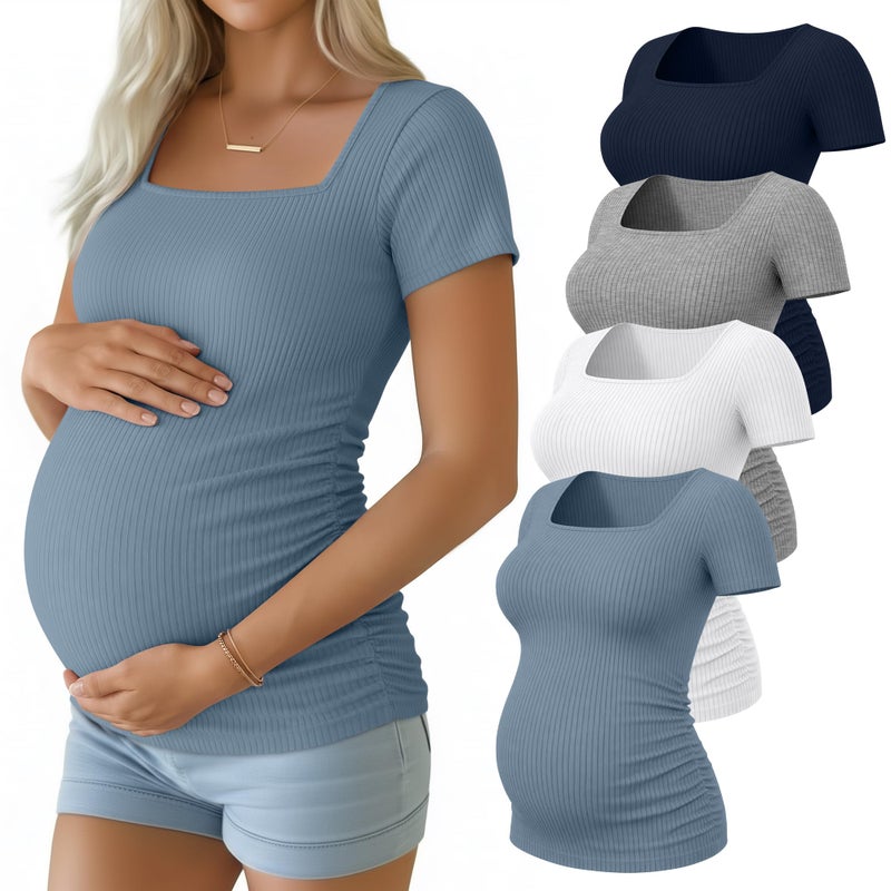 Huukeay 4 Pack Women's Maternity Shirts Cotton Ribbed Short Sleeve Square Neck Pregnancy Tops Side Ruched Summer Tee(Navy Blue, Heather Gray, White, Haze Blue,Medium) - Image 1