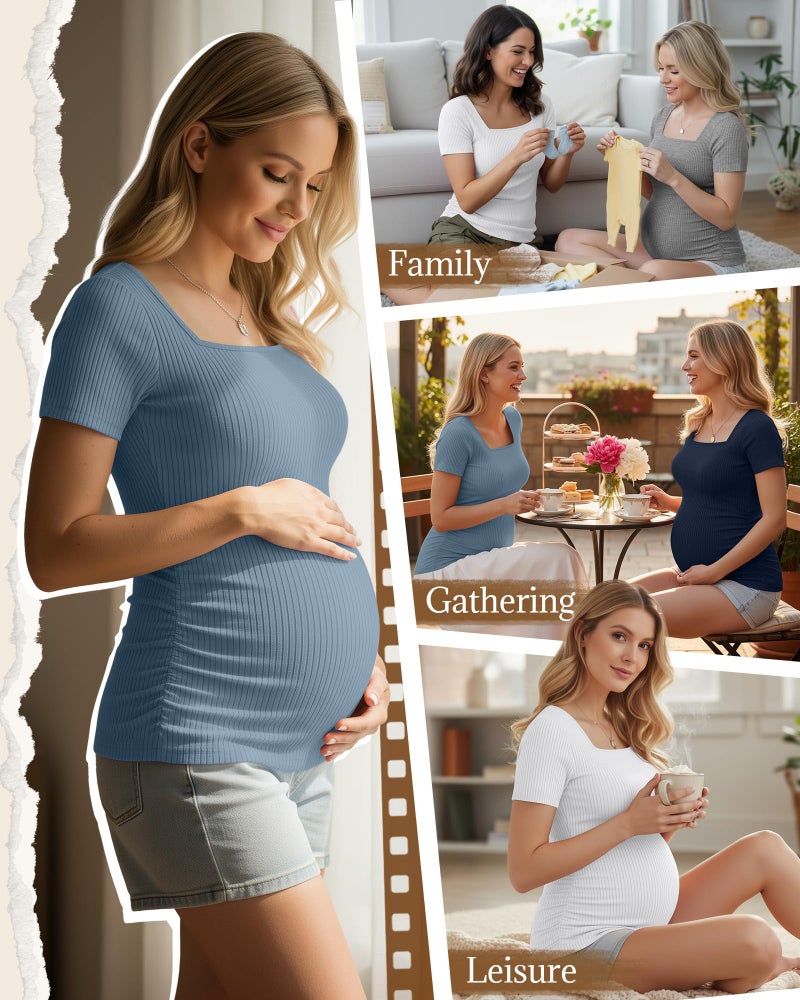 Huukeay 4 Pack Women's Maternity Shirts Cotton Ribbed Short Sleeve Square Neck Pregnancy Tops Side Ruched Summer Tee(Navy Blue, Heather Gray, White, Haze Blue,Medium) - Image 4