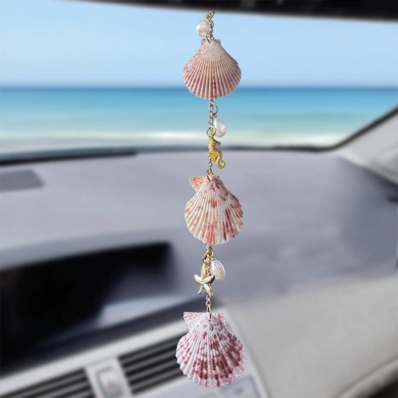 YTYAB Sea Shells Car DecorCute Coastal Hanging Car Charm for Rear View Mirror Boho Beach Themed PendantHandMade Starfish Conchas Ornament Accessories for Women - Image 2