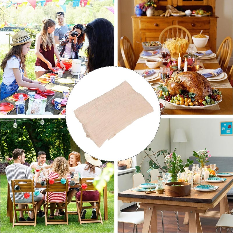 Artibetter 5pcs Boho Pleated Cheesecloth Table Runners 35x118 Inch Beige Gauze Fabric for Wedding Party Shower and Mexican Fiesta Fall Table Decor - Image 4