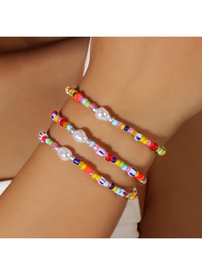 Frigotine 3PCS Pearl Colorful Seeds Beaded Stretch Bracelets Set for Women, Boho Hawaiian Stackable Natural Stone Rainbow Beads Bracelet Stack Summer Beach Vacation Jewelry Gift - Image 2