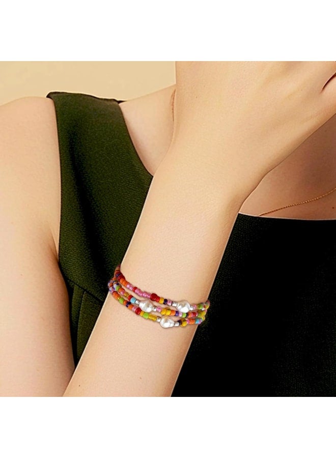 Frigotine 3PCS Pearl Colorful Seeds Beaded Stretch Bracelets Set for Women, Boho Hawaiian Stackable Natural Stone Rainbow Beads Bracelet Stack Summer Beach Vacation Jewelry Gift - Image 3