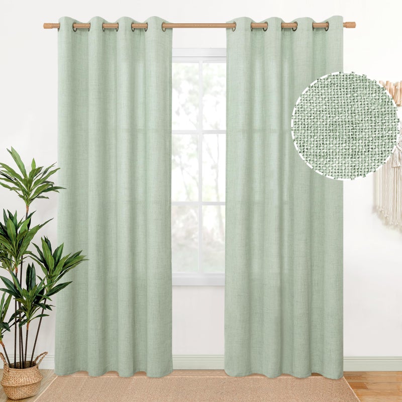 YoungsTex Sage Green Linen Curtains 80 Inches Long for Living Room, Bronze Grommet Textured Semi Sheer Drapes Privacy Light Filtering Window Treatments for Bedroom Dining, 52 x 80 Inch, 2 Panels - Image 1