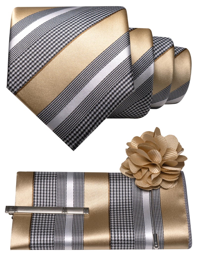 JEMYGINS Mens Champagne Striped Tie and Lapel Pin Necktie Pocket Square and Tie Clip Sets for Business Casual(15) - Image 1