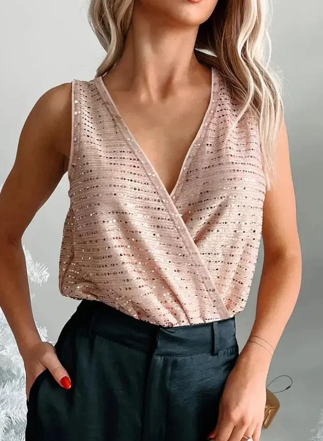 Take Two Light Pink Sequin Embellished Sleeveless Bodysuit
