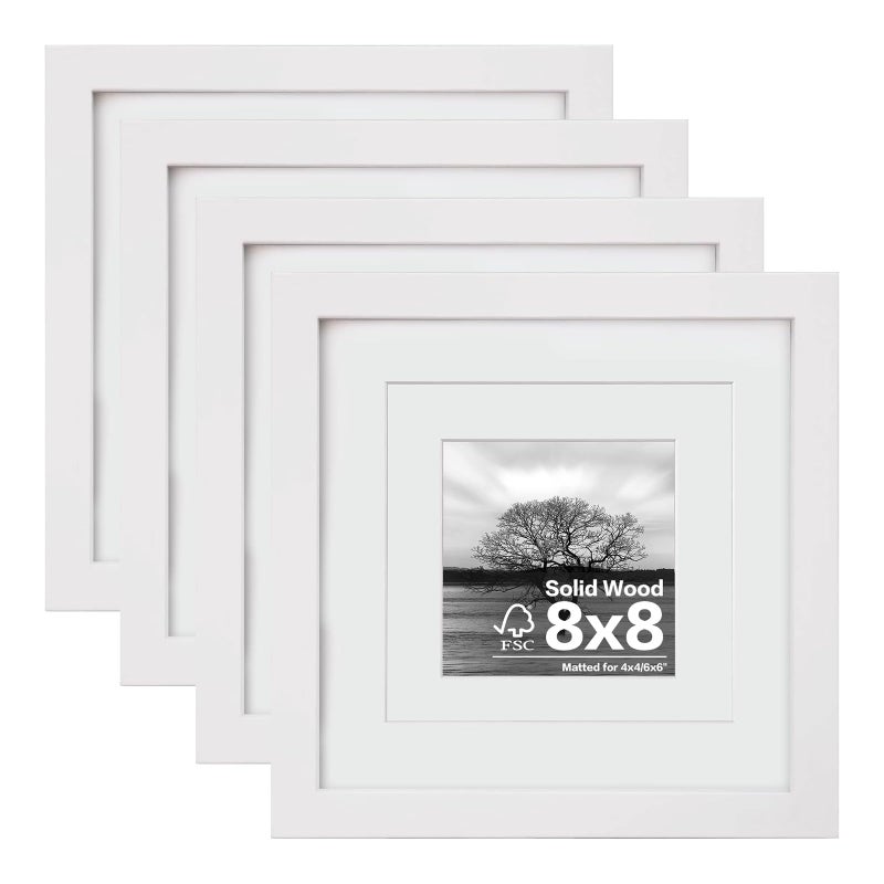 Egofine 8x8 Picture Frames 4 PCS  Made of Solid Wood Covered by Plexiglass for Table Top Display and Wall Mounting Photo Frame for Pictures 4x46x6 with Mat White