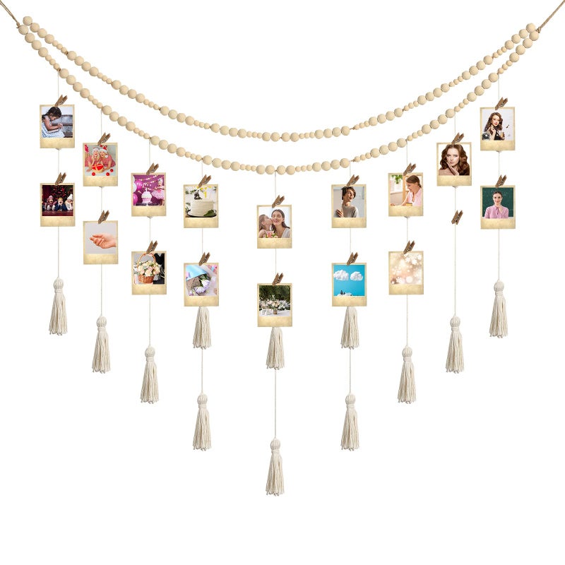 Amyhill Hanging Photo Display Boho Macrame Photo Wall Hanging with 24 Wood Clips Macrame Collage Picture Frame with Wooden Beads Double Layer Room Decor Art Display