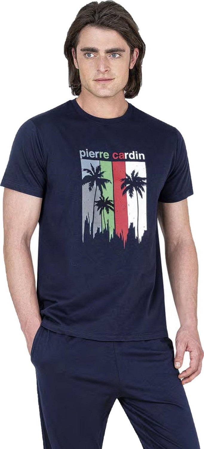pierre cardin 100% Cotton Full Pattern Pajama Set, Men's T-Shirt Trouser Set, Pockets - Image 1