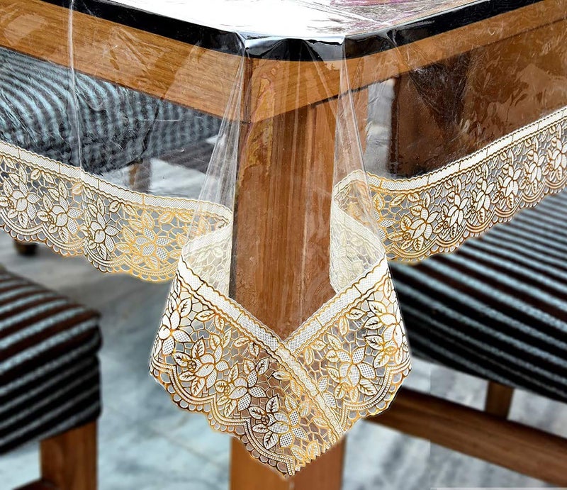 HOMECROWN Clear Transparent Plastic 6 Seater Waterproof Dining Table Cover 60x90 Inch Size with Golden Lace Border - Image 2