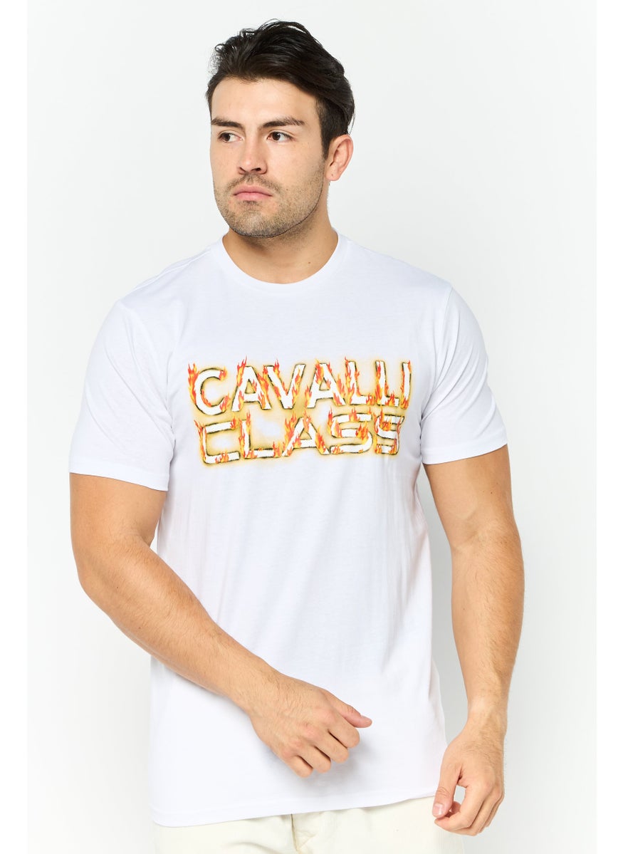 Cavalli Class Men Round Neck Short Sleeve Graphic Print T-Shirt, White  - Image 1