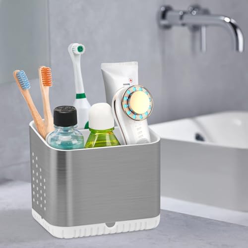 PARKMANI Toothbrush Holders for Bathrooms, Kids Electric Toothbrush and Toothpaste Holder, Brushed Nickel Toothbrush Caddy, Tooth Brushing Stand for Bathroom Organizer Countertop (Brushed Silver) - Image 2